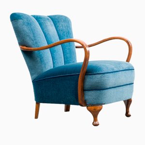 Armchair Chair in Dark Blue Mohair Velor 1950s