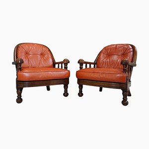 Cognac Leather and Wood Armchairs, 1960s, Set of 2