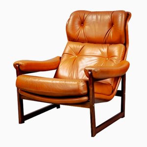 Lounge Chair in Mahogany and Cognac Leather by Coja, 1980s