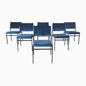 Vintage Metal Stacking Chairs in Blue Velvet, the Netherlands, 1960s, Set of 6