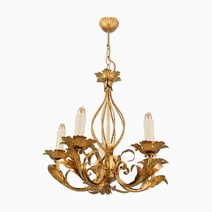 Italian Hollywood Regency Style Five-Light Chandelier in Gilt Metal, 1970s