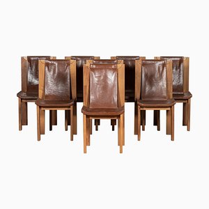 French Brutalist Elm & Leather Chairs by Roland Haeusler, 1980s, Set of 8