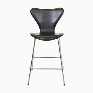 Taburete de bar de cuero negro de Arne Jacobsen para Fritz Hansen