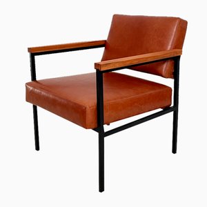 Mid-Century Lounge Chair in Brown Leather and Metal Base, 1960s