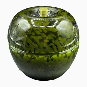 Murano Glass Apple Shaped Covered Bowl in Khaki Green with White Dots and Metal Gilded Holder from Cenedese