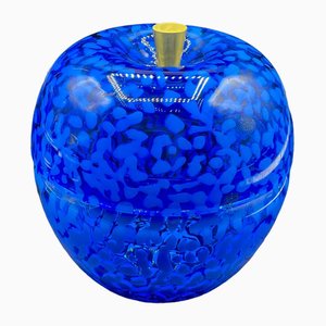 Murano Glass Apple Shaped Covered Bowl in Blue with White Dots and Metal Gilded Holder from Cenedese