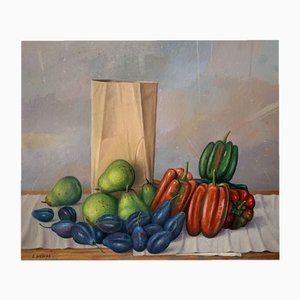 Zbigniew Wozniak, Still Life with Pear, Plums and Pepper, Oil on Canvas