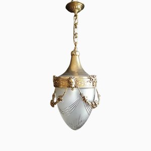 Large Antique Ceiling Lamp with Brass Frame and Sanded Glass Screen, 1890s