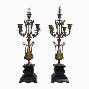 Large Napoleon III Candleholders in Bronze and Black Marble, Set of 2
