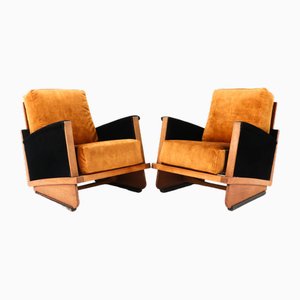 Art Deco Oak Lounge Chairs, 1920s, Set of 2