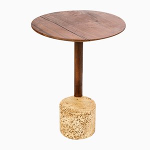 Medieval Wood and Roman Travertine Modern End Table