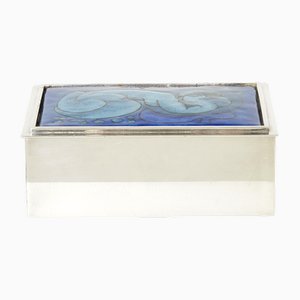 Silvered and Enameled Blue Ceramic Jewellery Box from Crevillen Paris, 1970