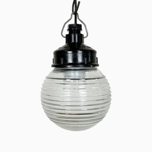 Industrial Bakelite Pendant Light with Ribbed Glass, 1970s