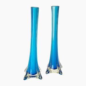 Vintage Blue Glass Sliflore Vases in Glass, France, 1960s, Set of 2