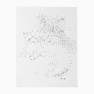 Helène Neveur, Portrait of Cats, Pen Drawing, 1970s