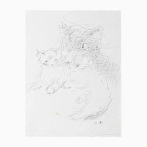 Helène Neveur, Retrato de gatos, dibujo a lápiz, años 70