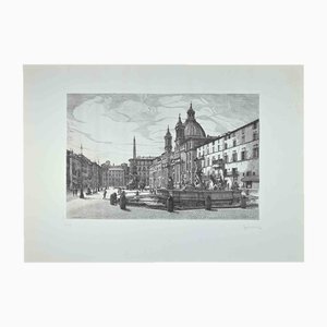 Giuseppe Malandrino, View of Piazza Navona, Etching, 1970