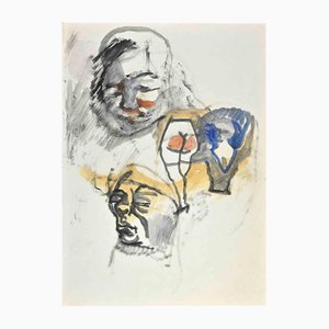 Mino Maccari, The Faces, Encre, Aquarelle & Papier, Milieu du 20e siècle