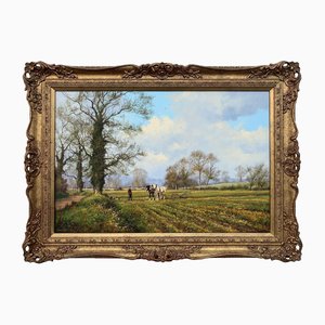 James Wright, English Countryside with Horses, 1990, Oil Painting, Framed