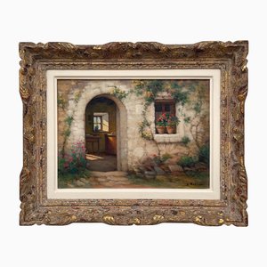 French Stone Cottage Building & Interior, Early 20th Century, Oil, Framed