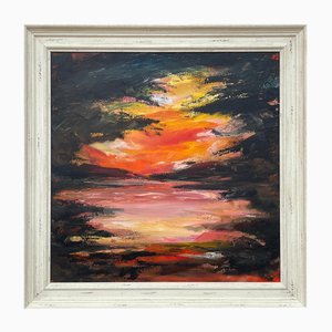 Angela Wakefield, Paisaje abstracto negro naranja y amarillo, 2022, Acrílico sobre lienzo, Enmarcado, Enmarcado