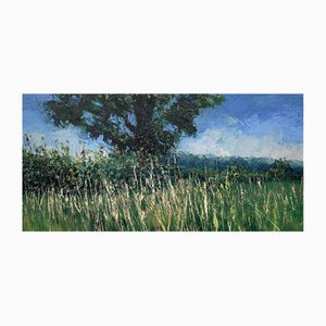 Colin Halliday, paisaje de pradera de verano con árbol, pintura al óleo de impasto, 2012, enmarcado