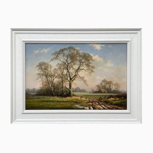 Peter Symonds, Rural Winter Scene with Oak Trees in England, 1995, Oil, Framed