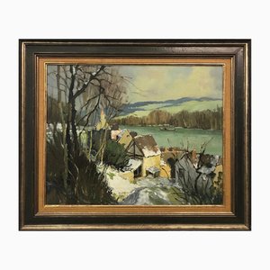 Georges Charles Robin, Port-Villez Neige Riverscape, 1950, Oil on Canvas, Framed