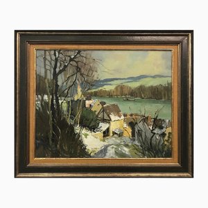 Georges Charles Robin, Port-Villez Neige Riverscape, 1950, óleo sobre lienzo, enmarcado