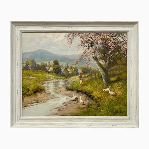 Laszlo Neogrady, Countryside Village River Scene mit Baumblüte, Figur und Gänsen, 1925, Gemälde, gerahmt