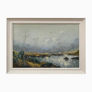 Charles Wyatt Warren, orilla del río con abedules plateados y colinas y montañas brumosas, 1970, pintura al óleo, enmarcado