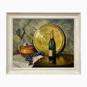 William Henry Burns, Bottiglia di champagne con uva, Dipinto a olio, 1985, Incorniciato