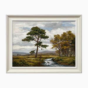 Robert Egginton, paisaje fluvial de las tierras altas de Escocia, siglo XX, pintura al óleo, enmarcado