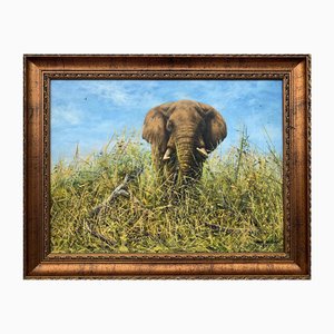 Mark Whittaker, Elefante en la naturaleza, 1997, aceite original, enmarcado