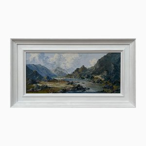 Charles Wyatt Warren, escena de la montaña del río Impasto en Gales, de mediados del siglo XX, pintura al óleo, enmarcado