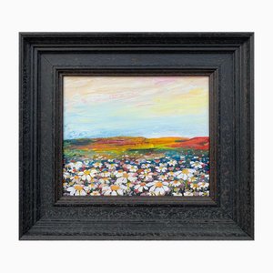 Angela Wakefield, Wild Daisy Flowers, English Countryside Landscape, 2020, Paint on Canvas, Framed