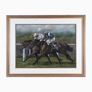 Bill McCullough, Horse Race at Royal Ascot with Golan & Nayef, 2002, Disegno a pastello originale, Incorniciato