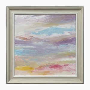 Paesaggio marino impressionista astratto con rosa chiaro, lilla, blu e giallo di artista britannico, 2022