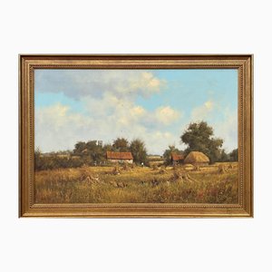 James Wright, Escena de una granja con pajares en la campiña inglesa, años 90, óleo sobre lienzo