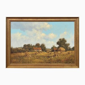 James Wright, Farm Scene with Haystacks in the English Countryside, 1990er, Öl auf Leinwand