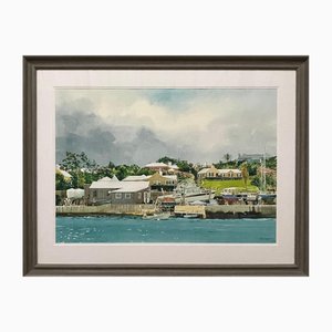 David Coolidge, Pleasure Boats Moored on the River in Florida, 2005, Large Watercolour, Framed