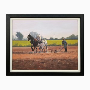 Gregory Moore, Horses with Farmer & Plough in Irish Countryside, 2000, Painting, Framed