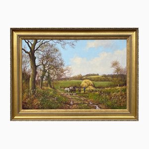 James Wright, Caballos con labradores en la campiña inglesa, años 90, óleo sobre lienzo