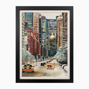 Angela Wakefield, New York City Taxis in Winter Snow, 2020, Paint on Canvas, Framed