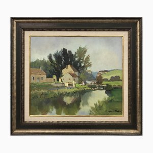 Georges Charles Robin, Dipinto a olio con paesaggio fluviale impressionista del XX secolo di artista moderno francese, 1950