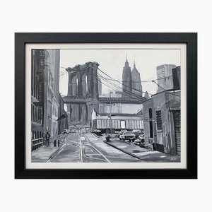 Angela Wakefield, Black & White Brooklyn Bridge, New York City, 2014, Oil, Framed