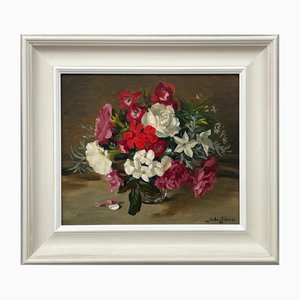 John Whitlock Codner RWA, Bodegón de flores rojas, rosadas y blancas, pintura al óleo, 1985, enmarcado
