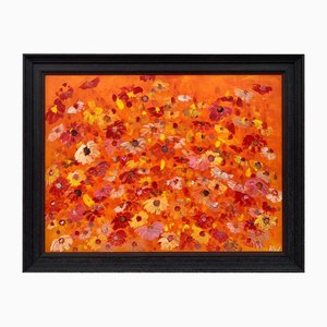 Angela Wakefield, Abstract Red & Pink Wild Flowers on Orange, 2001, Mixed Media, Framed
