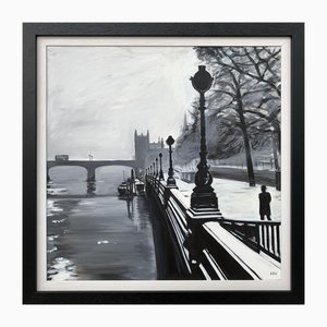 Angela Wakefield, Black & White Victoria Embankment, London, 2019, Acrylic on Canvas, Framed
