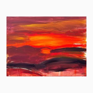 Angela Wakefield, Atardecer o amanecer abstracto naranja y rojo, 2004, Pintura sobre lienzo, Enmarcado